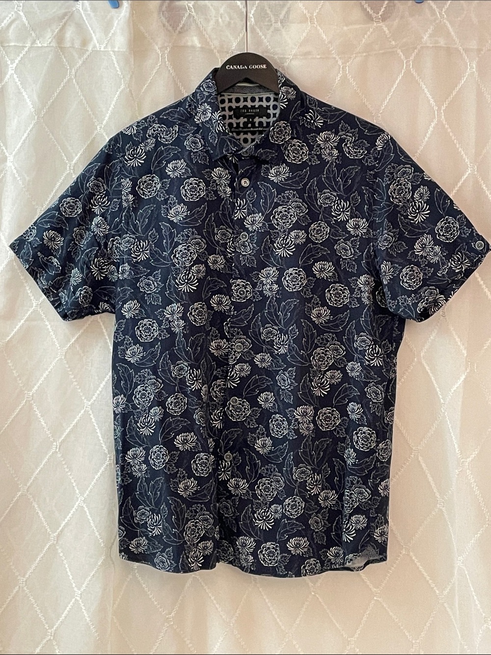 Ted Baker Navy Floral Short-Sleeve Button-Up Shirt Size 5